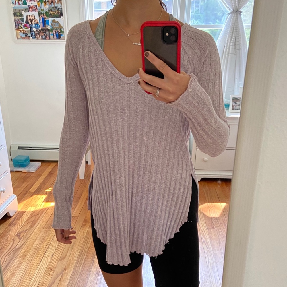 Free People Lavender Ribbed Long Sleeve Top